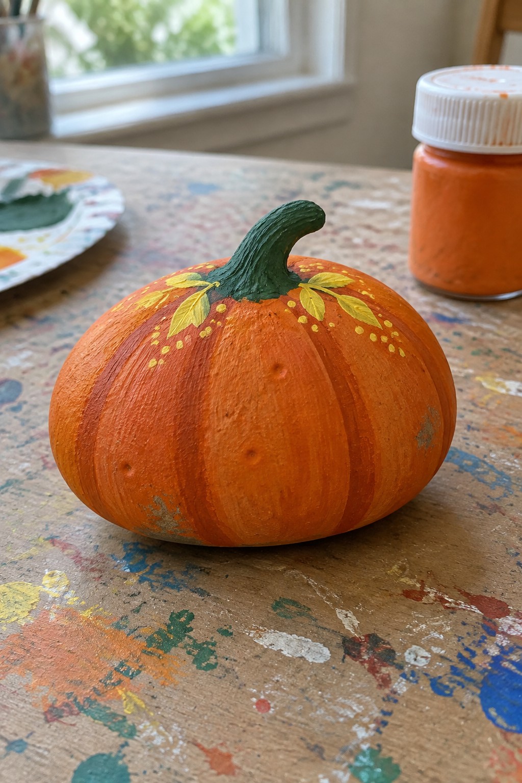 Painted orange pumpkin with yellow leaves on splattered wooden table beside paint jar