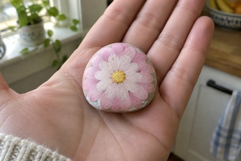 Hand holding painted stone with pink-and-white daisy and yellow center