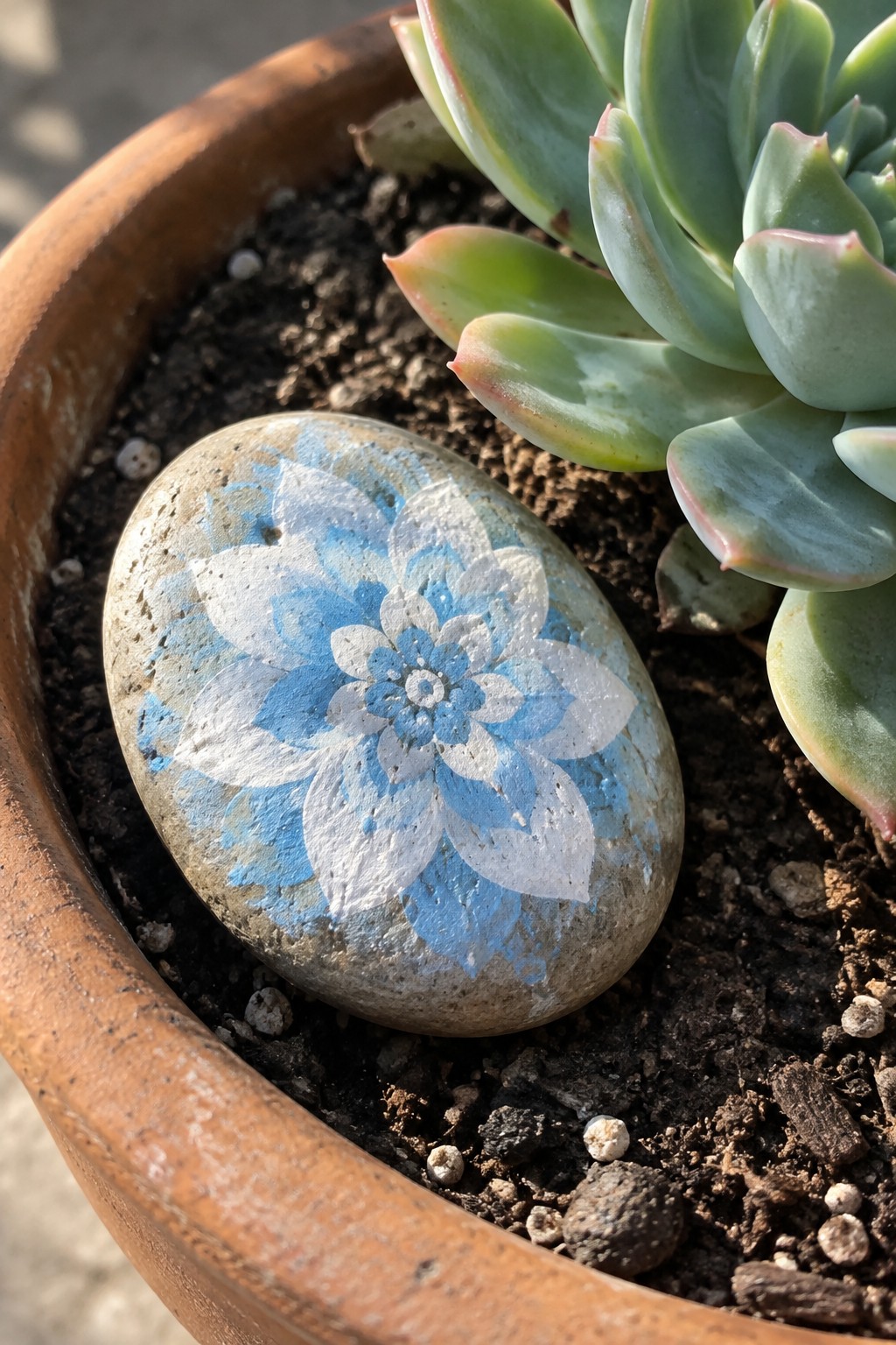Blue and white flower-painted stone beside succulent in terracotta pot