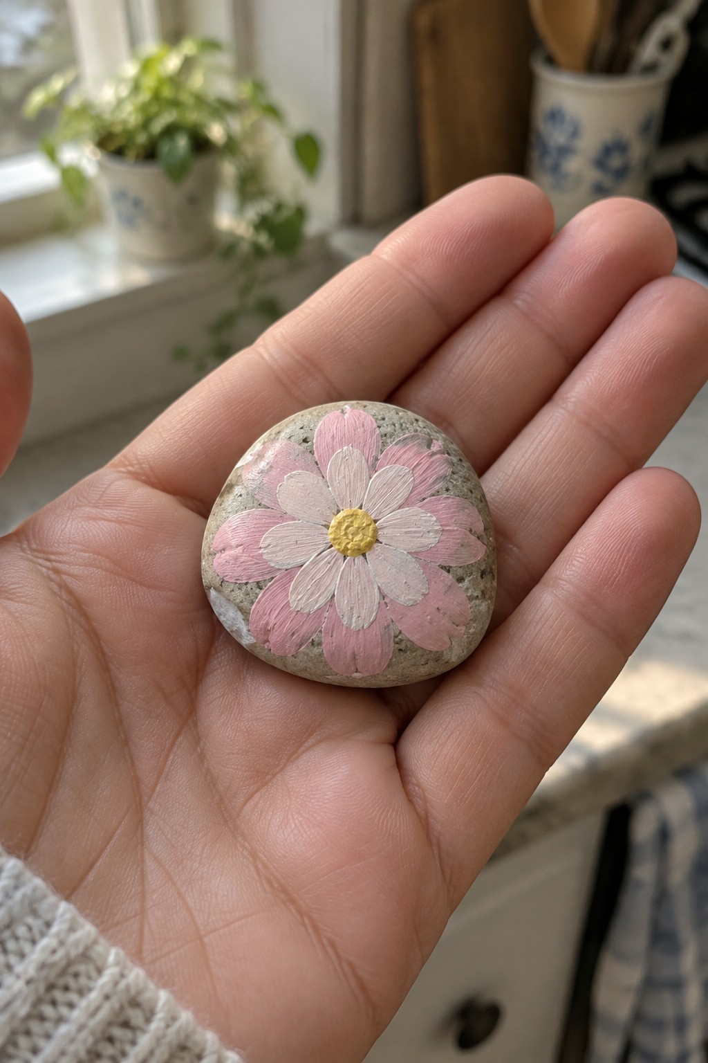Hand holding painted stone with pink-and-white daisy and yellow center