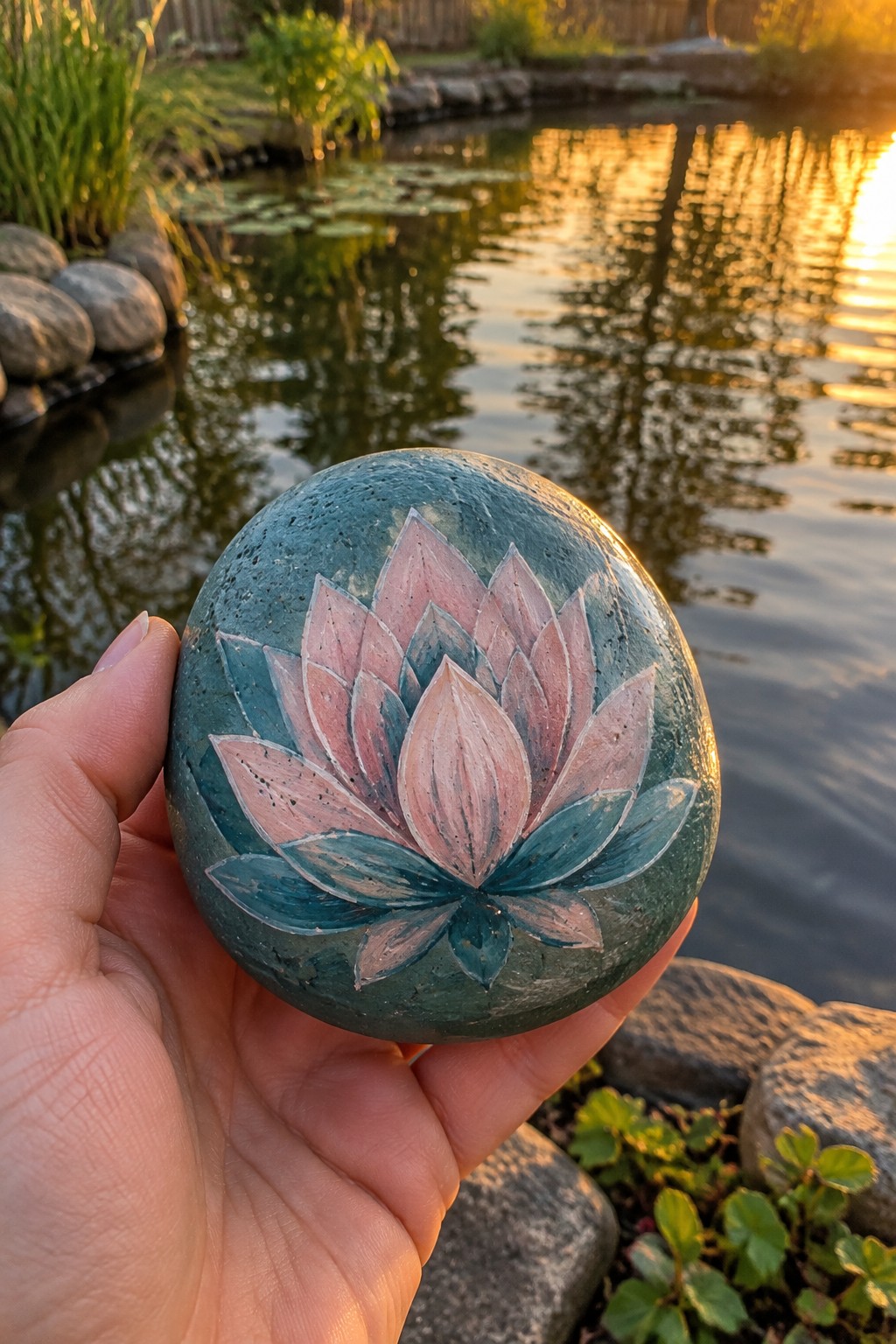 Hand holds teal stone painted with pink lotus flower by golden sunset pond