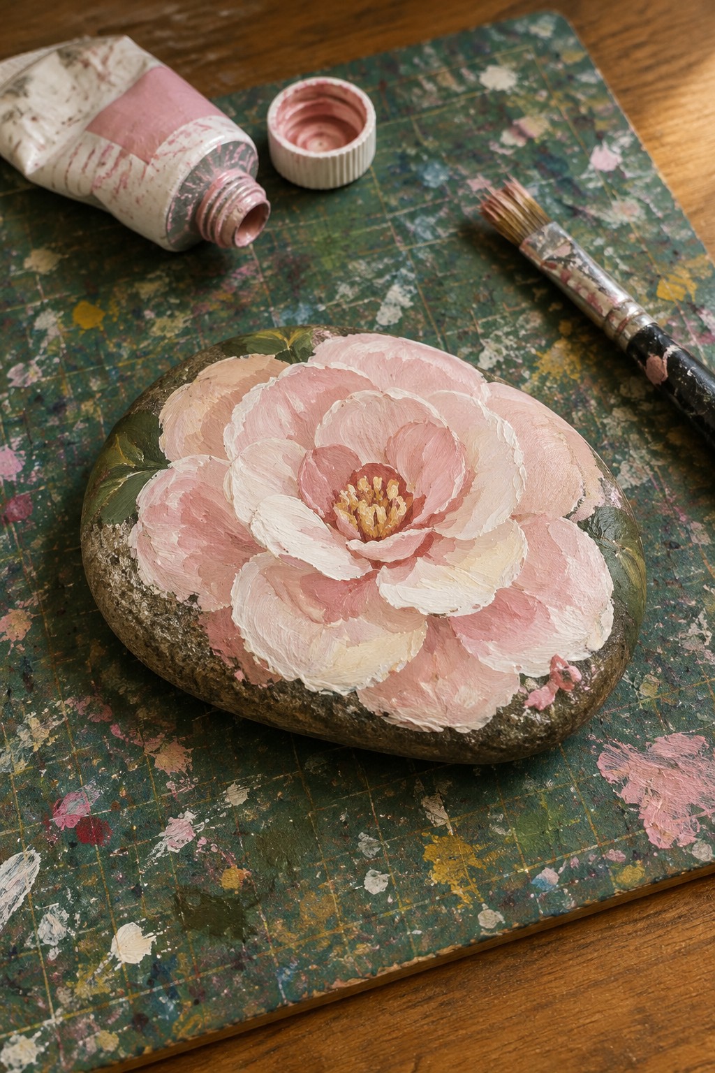 Pink flower painted on rock beside paint tube, brush, and splattered green mat