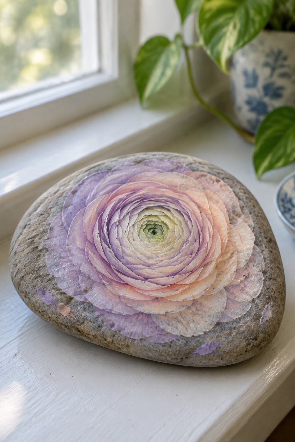 Pastel purple and peach layered flower on speckled stone by window