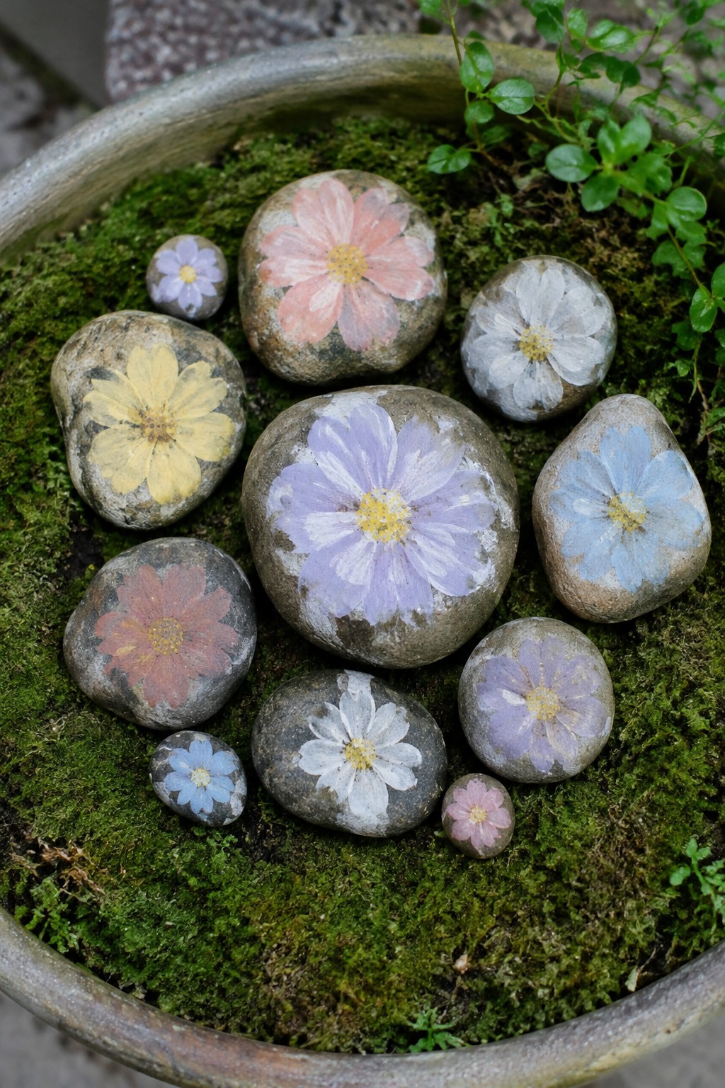 Colorful flower-painted rocks arranged on green moss inside a ceramic pot.