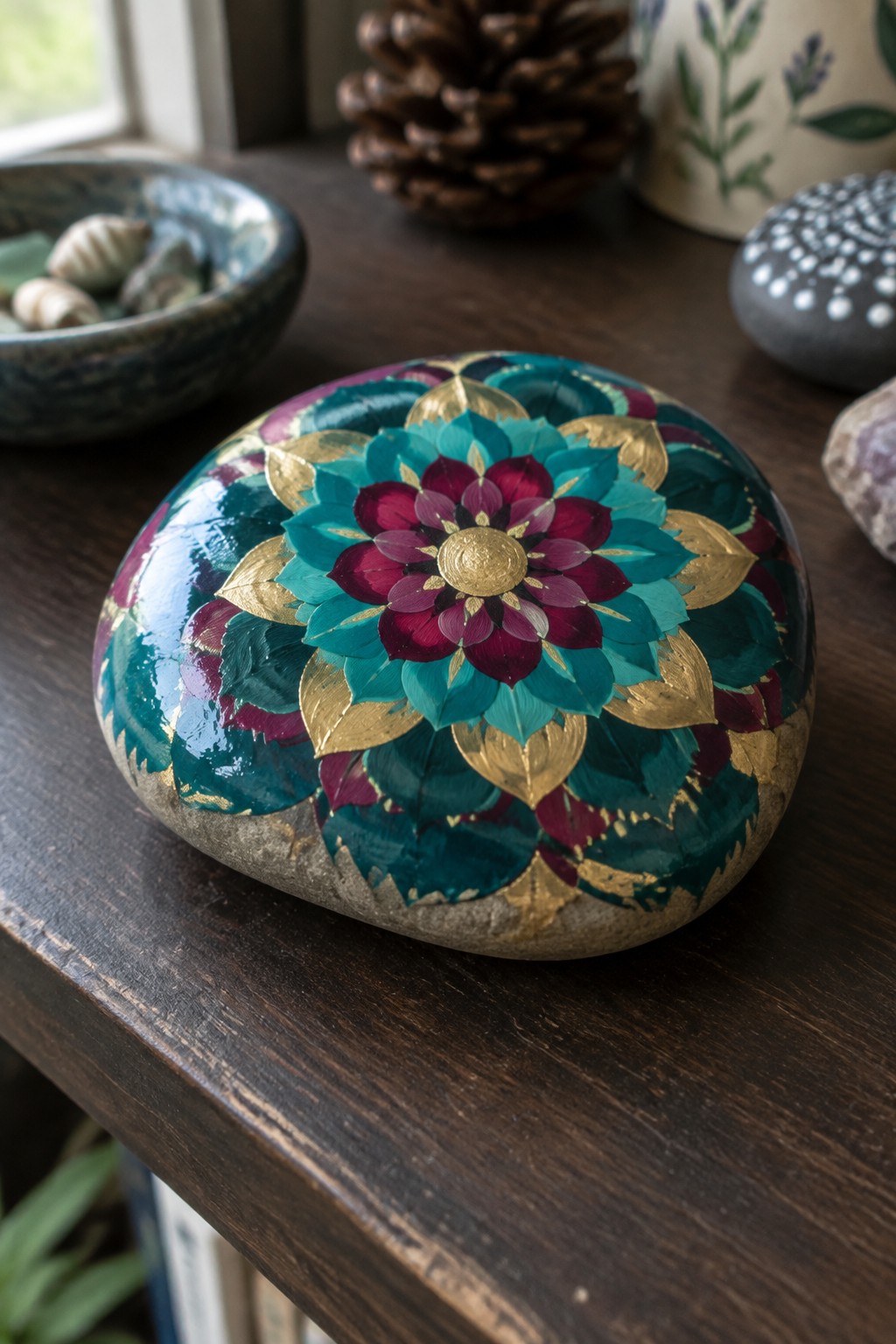 Glossy stone with intricate teal, magenta, and gold floral mandala design.