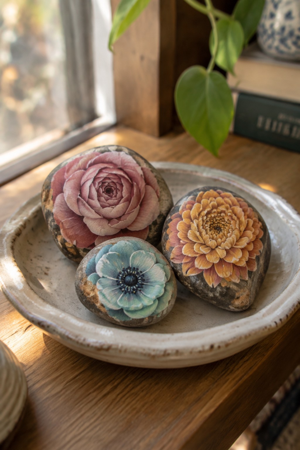 Three flower-painted rocks in a ceramic bowl on a wooden windowsill