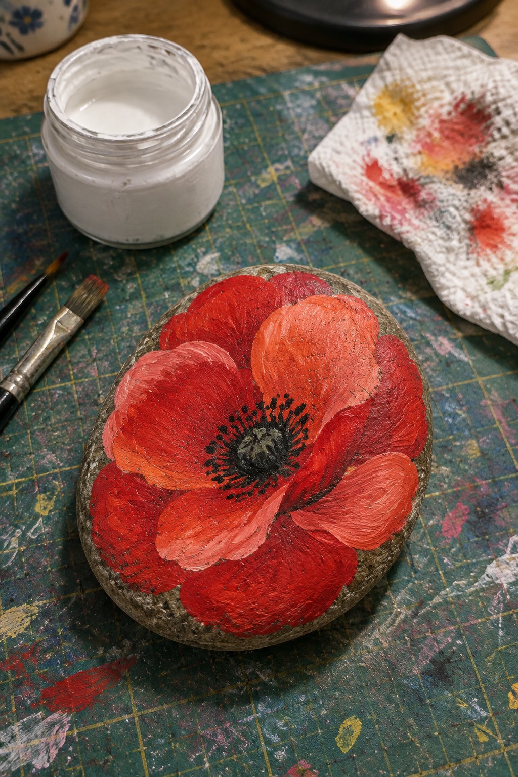 Painted rock with red poppy beside white paint jar and brushes on mat.
