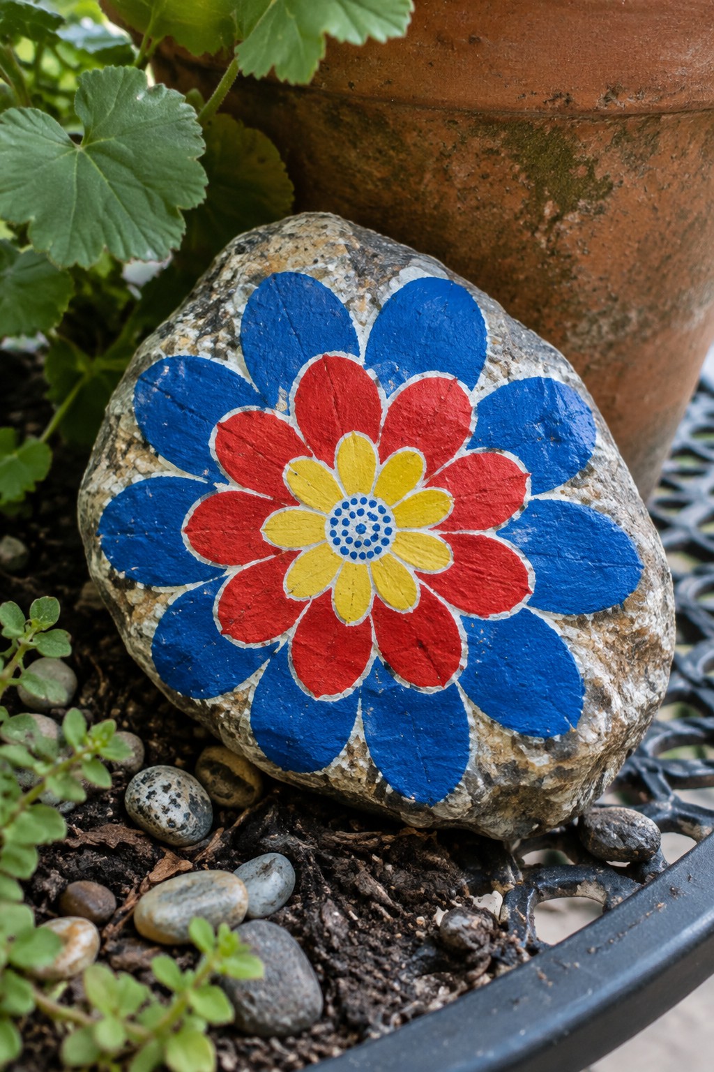 Painted rock with blue, red, and yellow flower design among garden pebbles