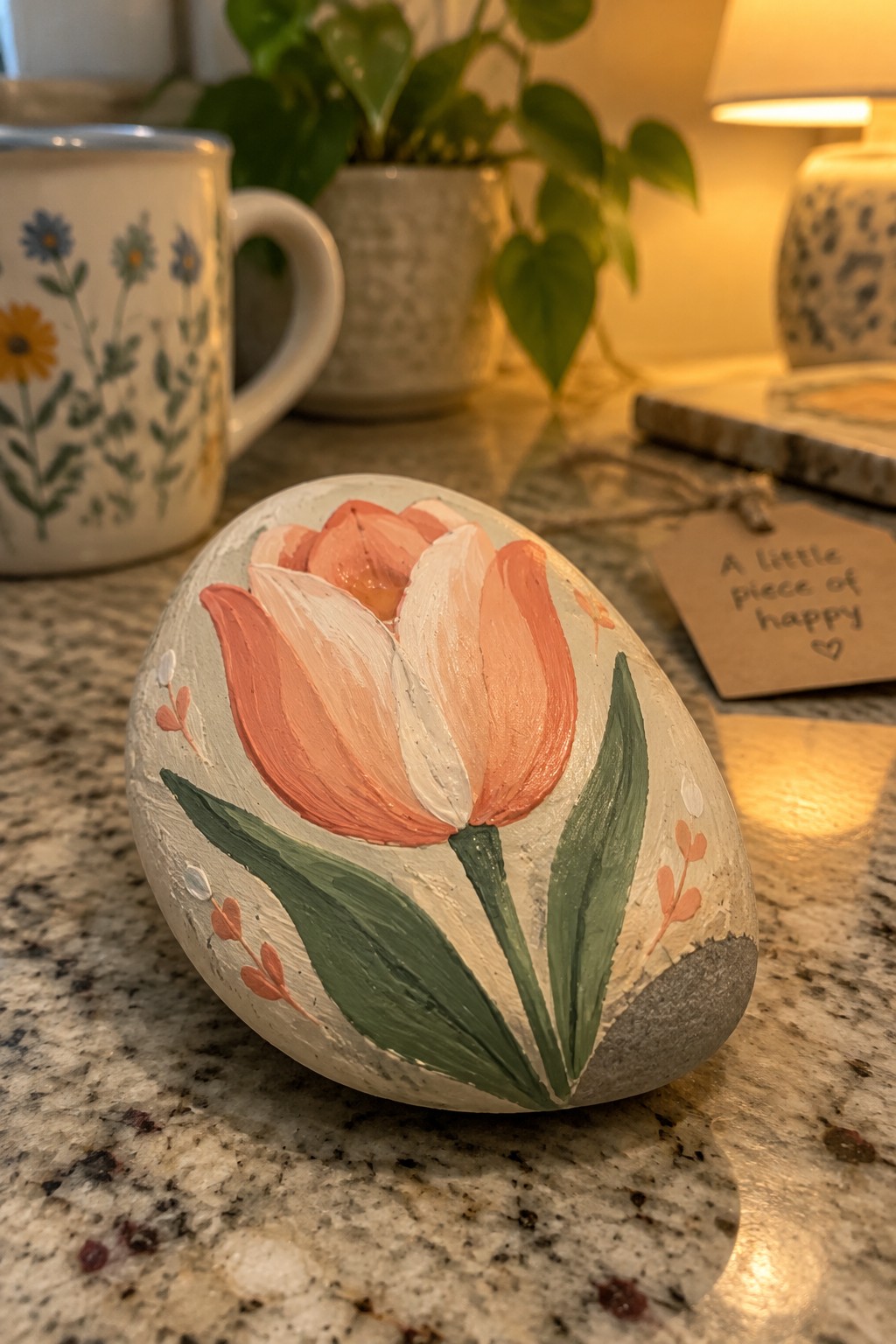 Painted rock with coral tulip, white petals, green leaves on granite counter