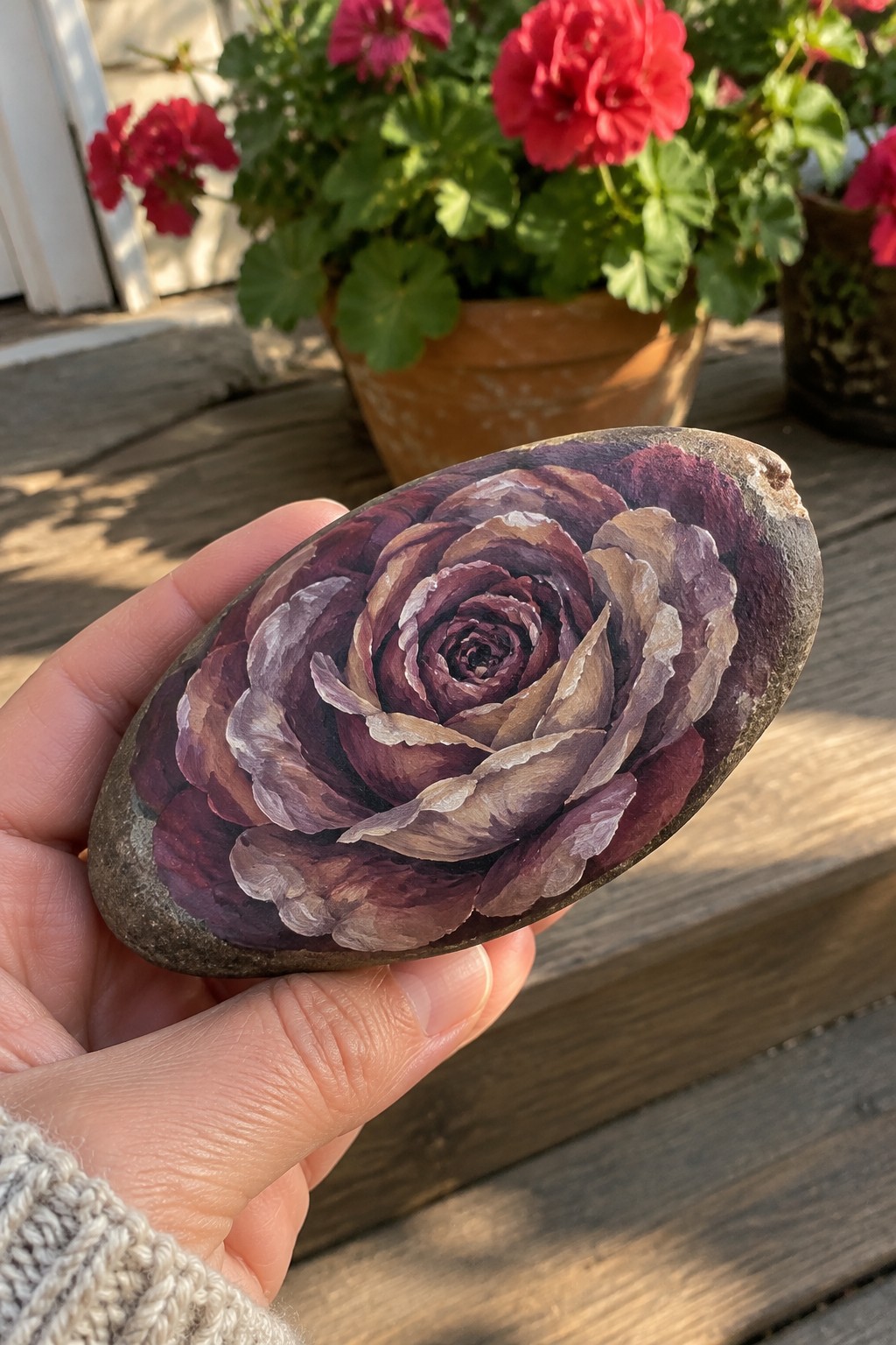 Hand in sweater holding oval stone painted with layered purple rose