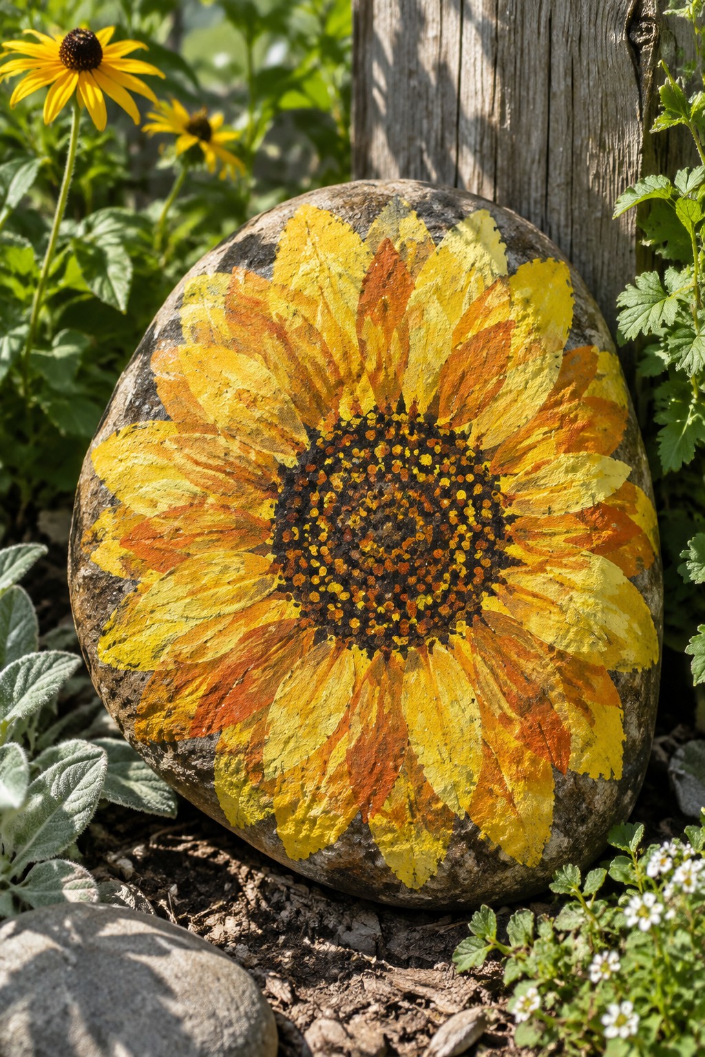 Painted rock with yellow-orange sunflower amid garden plants and flowers