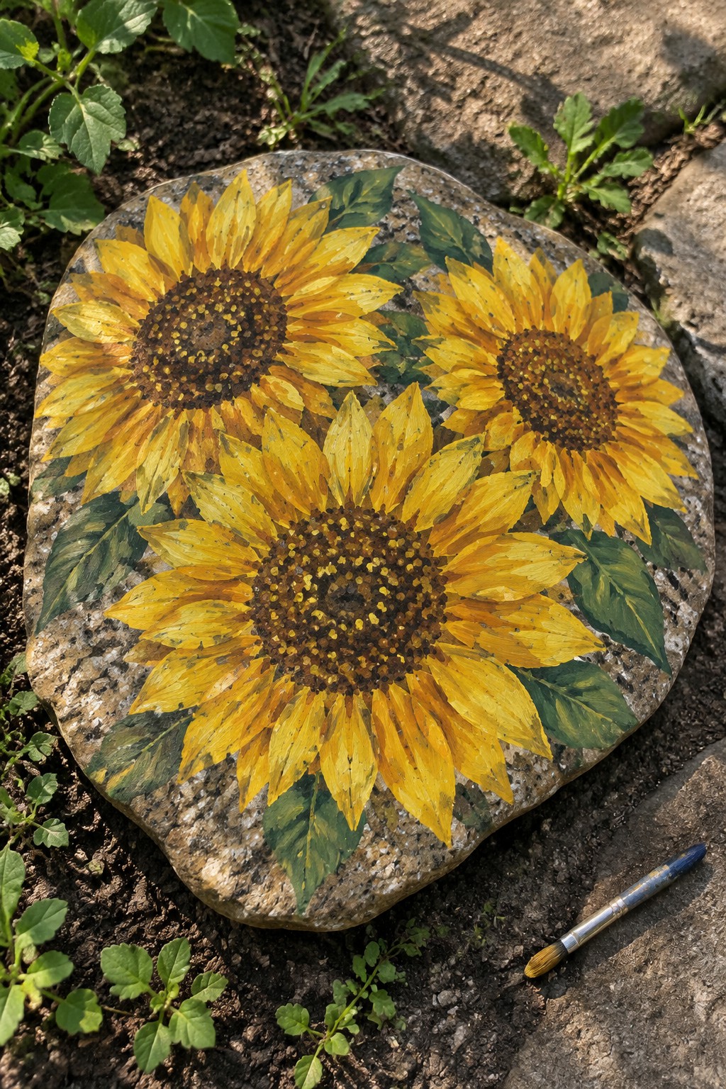 Three yellow sunflowers painted on speckled rock beside paintbrush on dirt ground