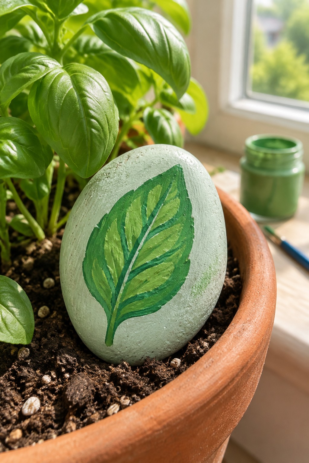 Light green rock with painted leaf in terracotta pot beside basil and paint jar
