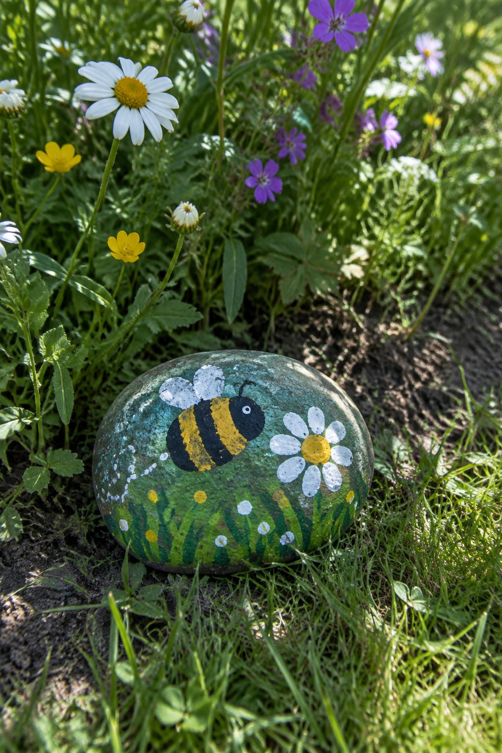 Painted green rock with bumblebee and daisy amid grass and flowers in garden.