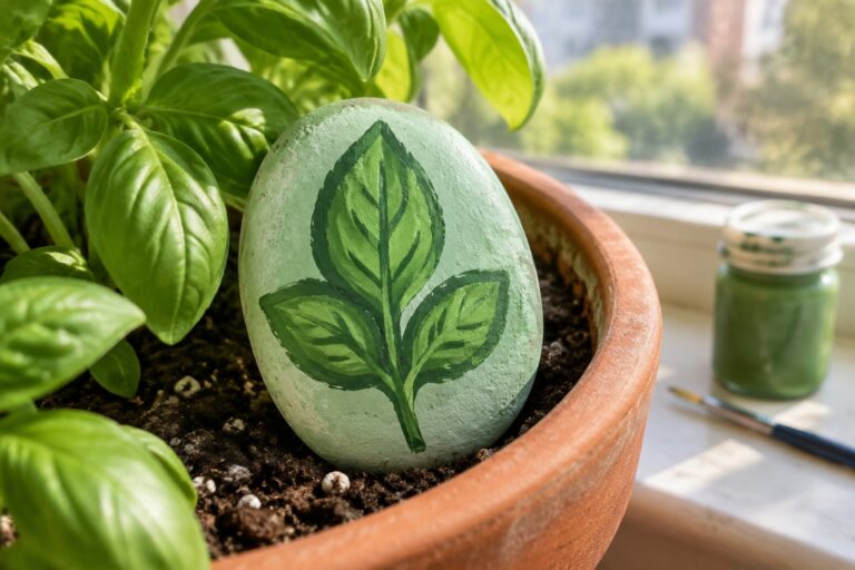 Light green rock with painted leaf in terracotta pot beside basil and paint jar