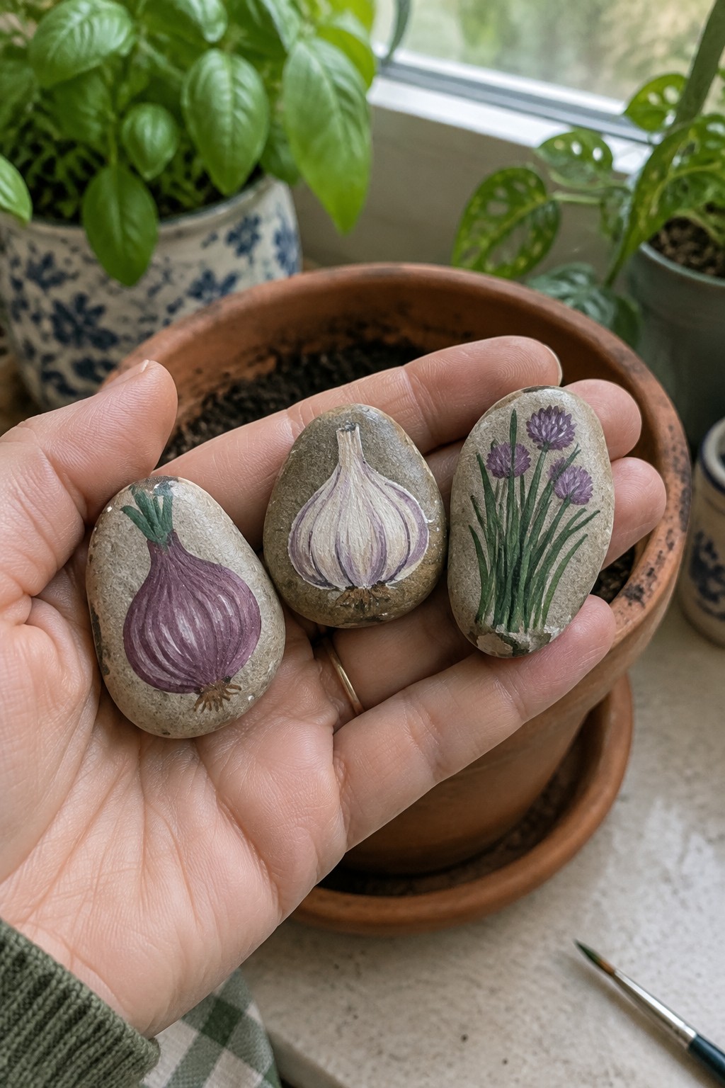 Hand in green sleeve holds rocks painted as onion, garlic, and flowering chives.