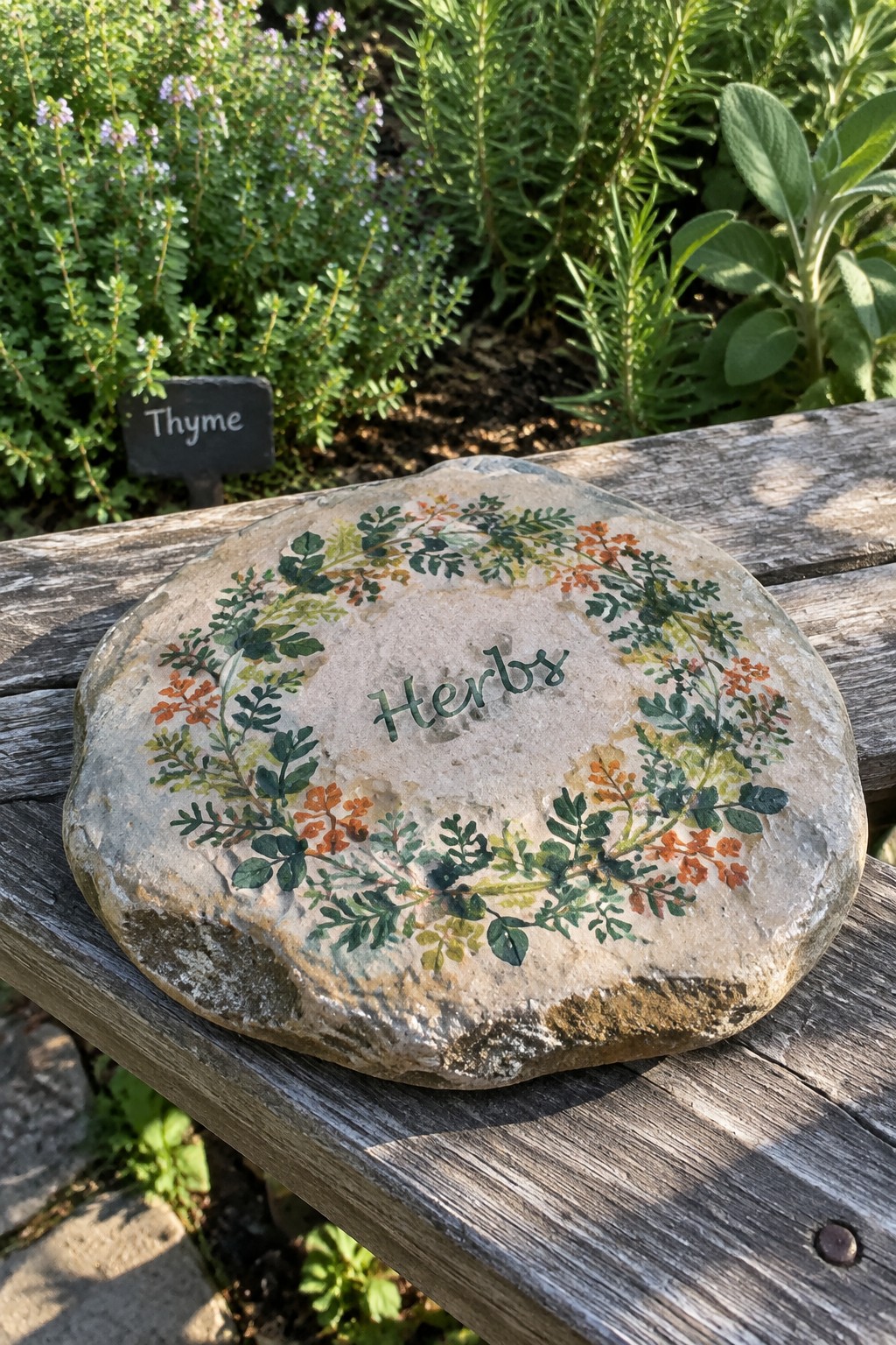 Round stone with herb wreath and 