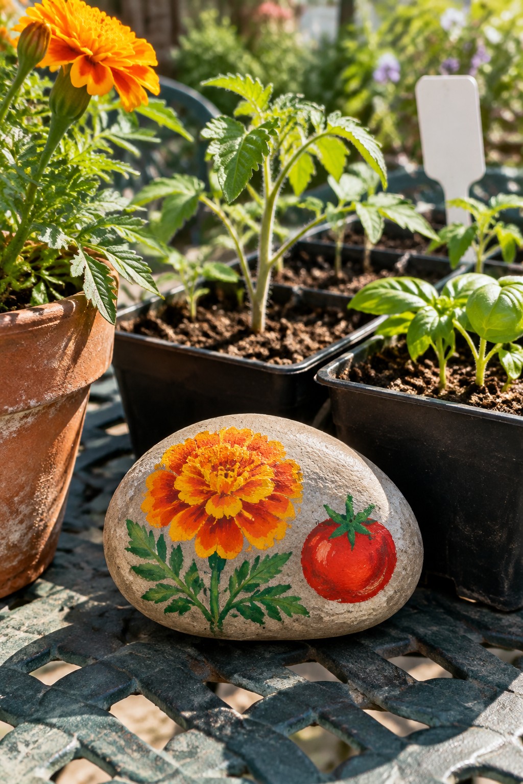 Painted rock with orange marigold and red tomato on garden table