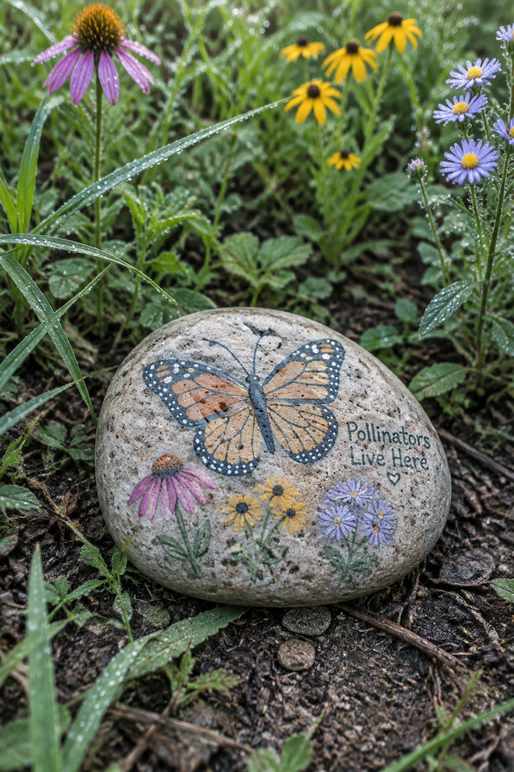 Painted garden rock with monarch butterfly, flowers, and 