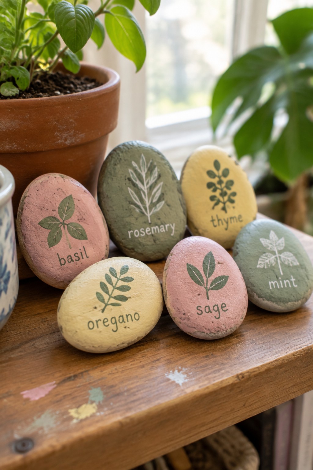 Colorful painted rocks labeled basil, rosemary, thyme, oregano, sage, and mint on wood.