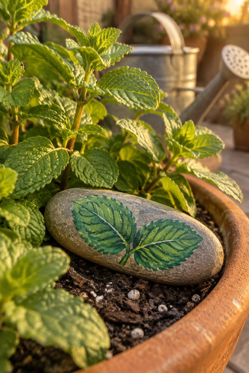 Painted gray stone with green mint leaves in terracotta pot of mint plants
