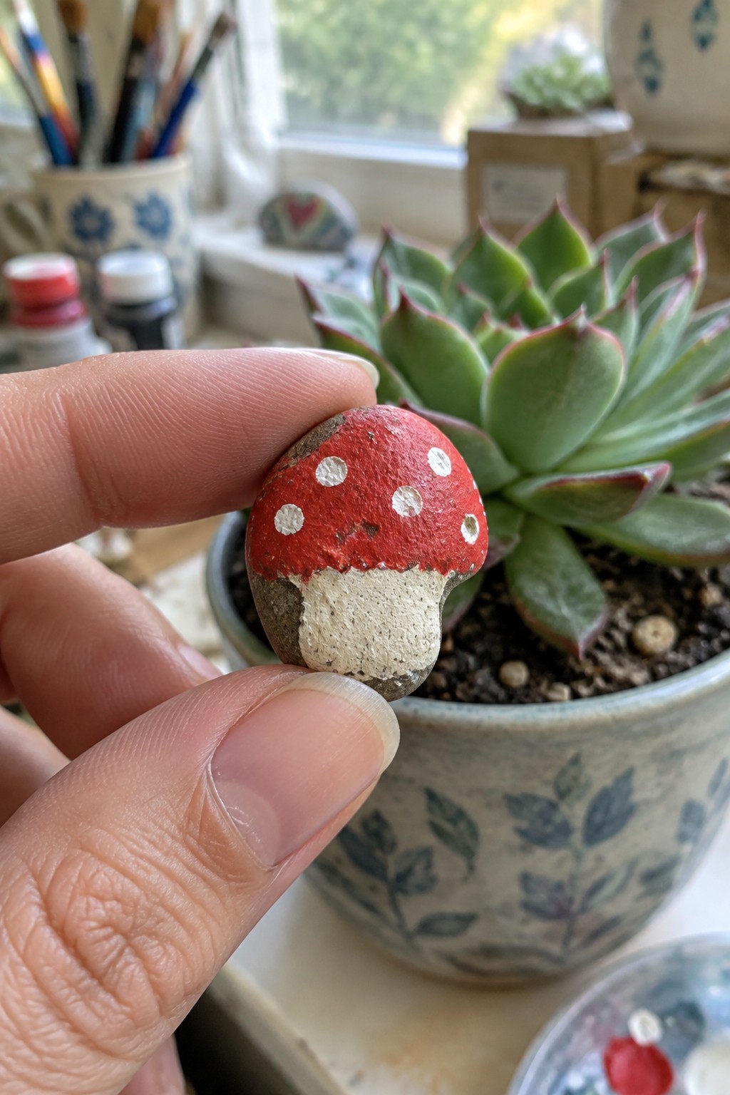 Hand holding a small red mushroom rock painted with white dots beside a succulent.