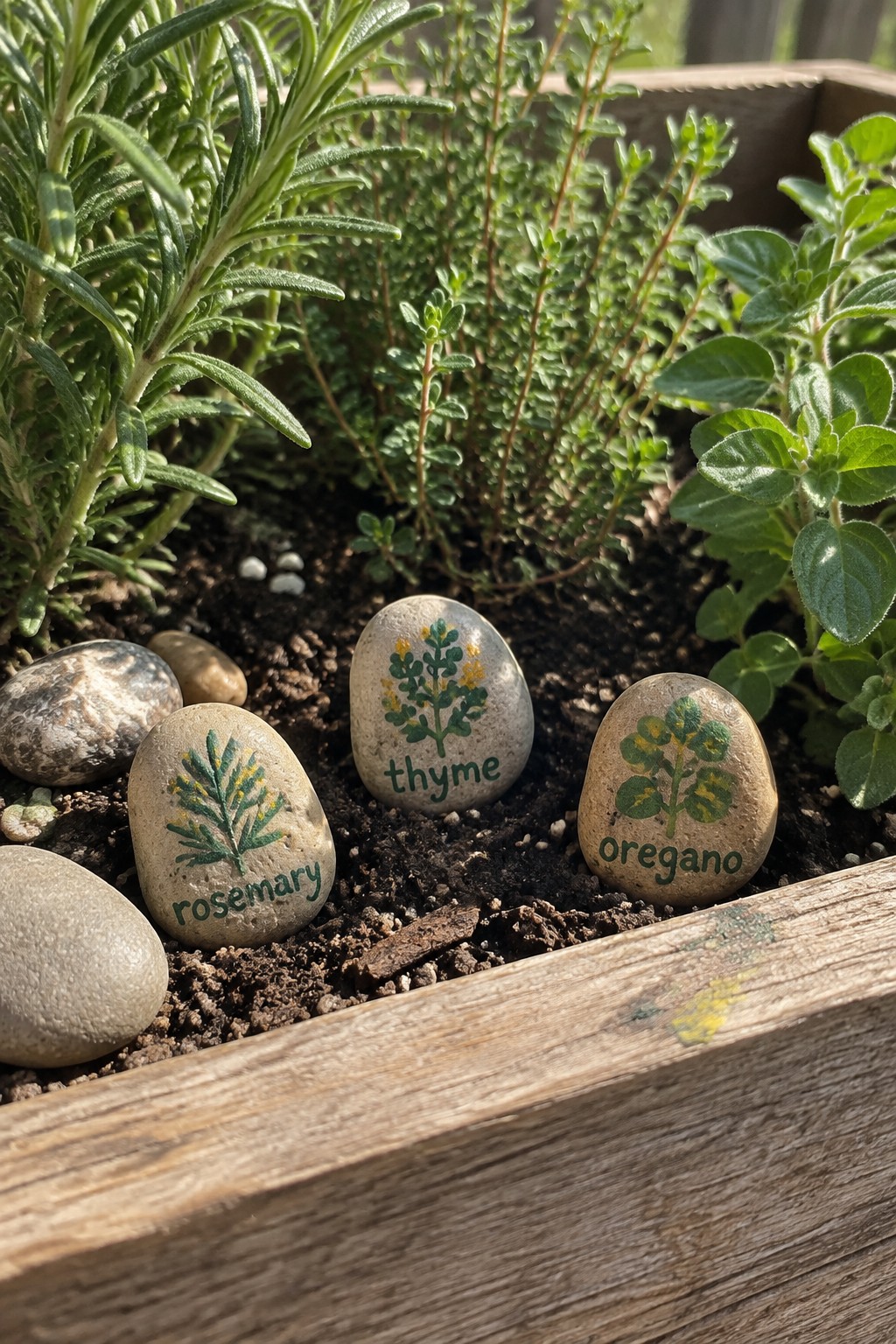 Herb garden in wooden planter with painted rocks labeling rosemary, thyme, and oregano.