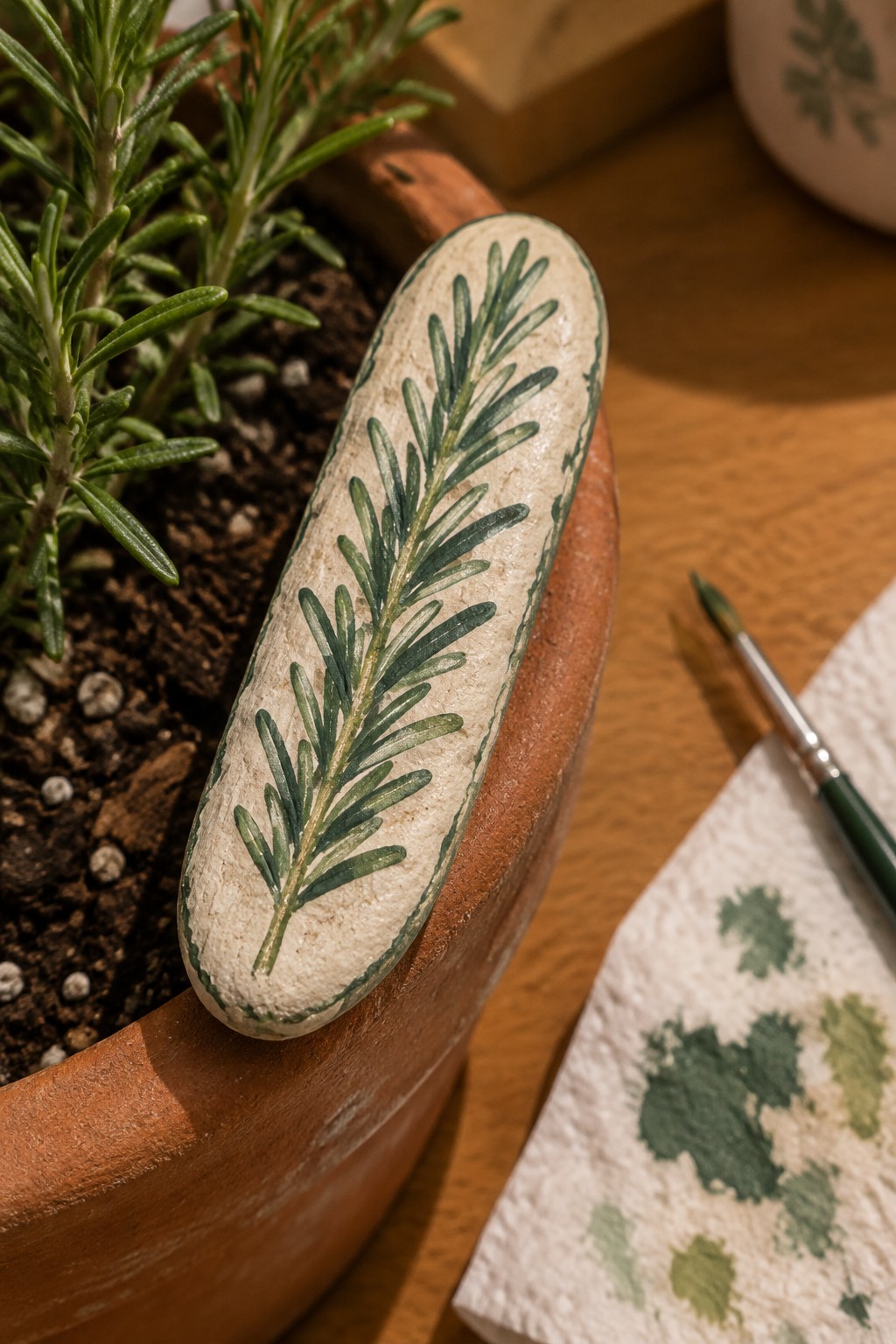 Oval stone painted with green rosemary branch on terracotta pot beside paintbrush
