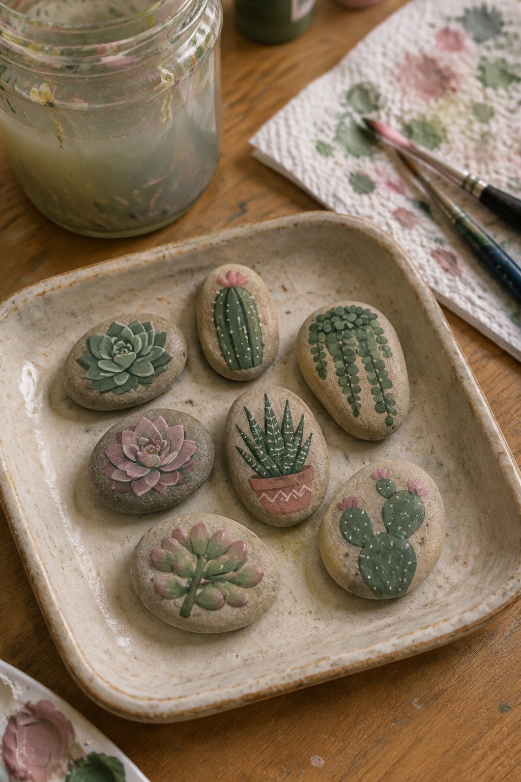 Painted rocks with succulents and cacti arranged on a ceramic tray with brushes nearby
