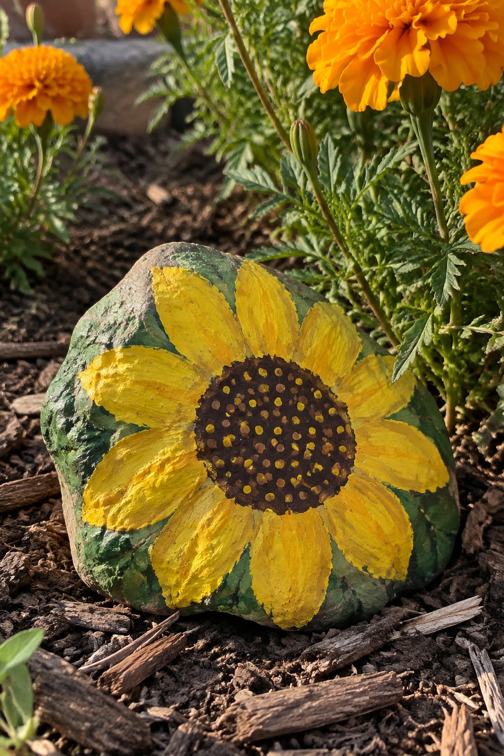 Painted yellow sunflower rock amid orange marigolds in garden soil