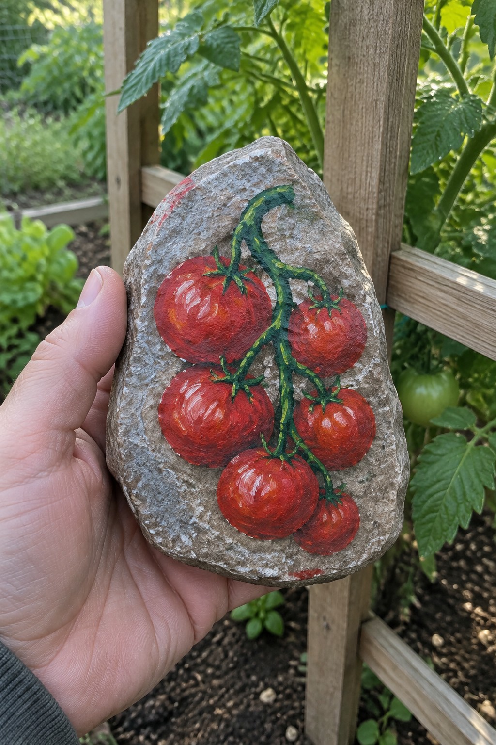 Hand holding rock painted with cluster of ripe red tomatoes in garden