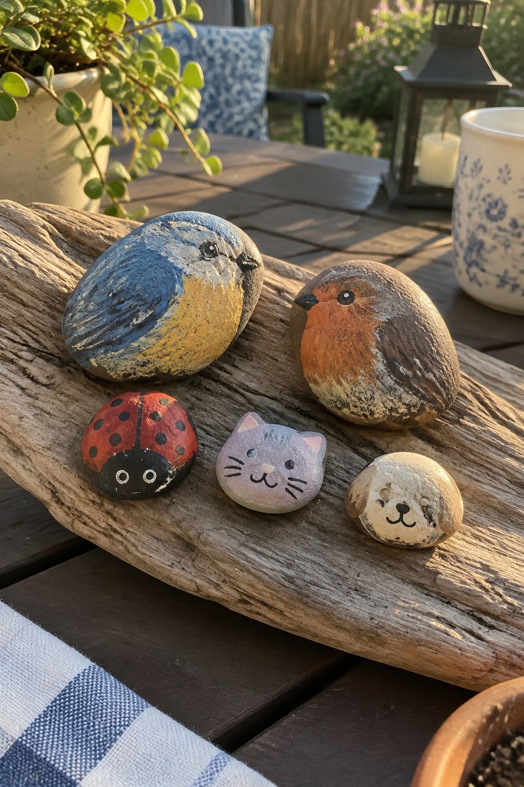 Painted rocks of bluebird, robin, ladybug, cat and dog on driftwood outdoors