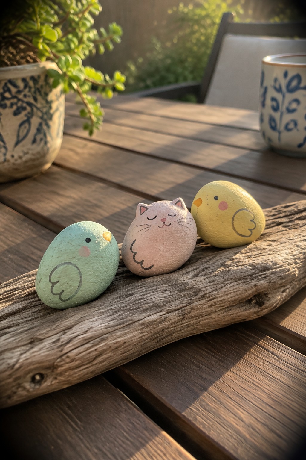 Three painted rocks—a cat and two chicks—rest on driftwood outdoors.