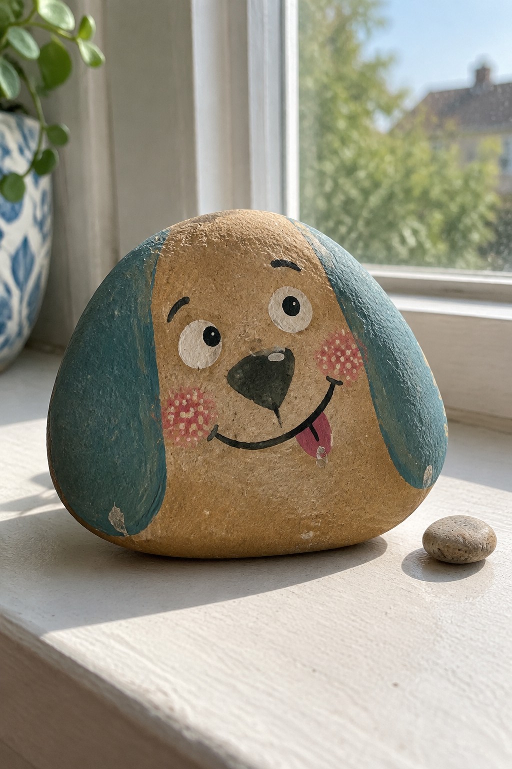 Painted rock with smiling dog face, teal ears, and pink cheeks on windowsill
