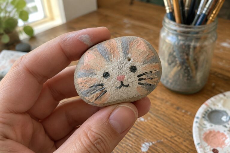 17 Painted Rock Animals Featuring Whimsical Cat and Dog Faces Hand holding pebble painted as tabby cat with black whiskers and stripes