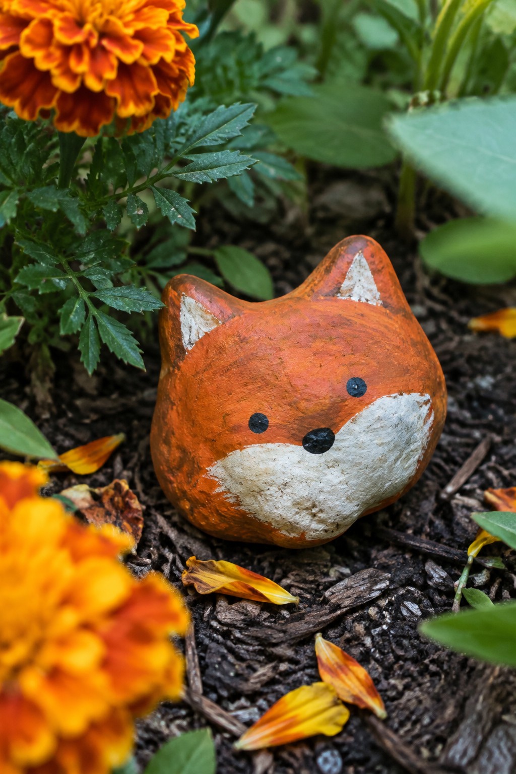 Orange painted fox rock on soil amid marigold flowers and leaves.