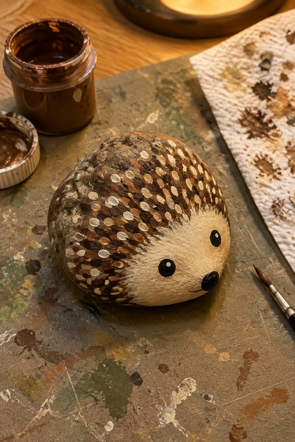 Painted hedgehog rock with brown dotted spines, white face, and black eyes beside paint jar.