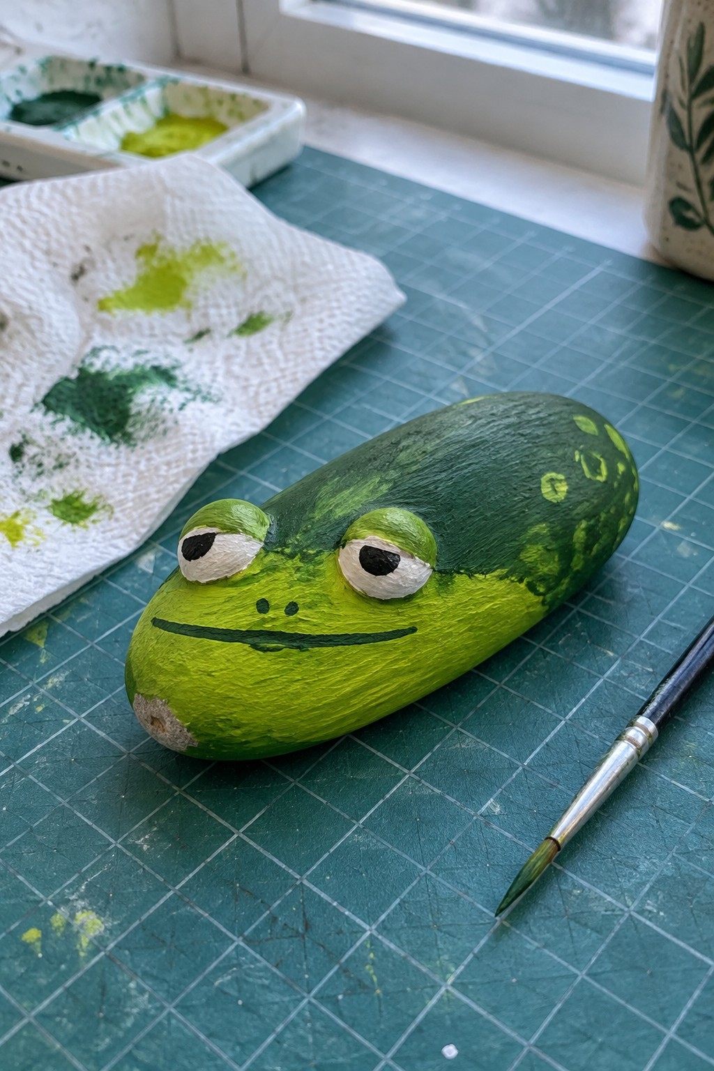 Painted green frog rock with bulging eyes on cutting mat beside paintbrush