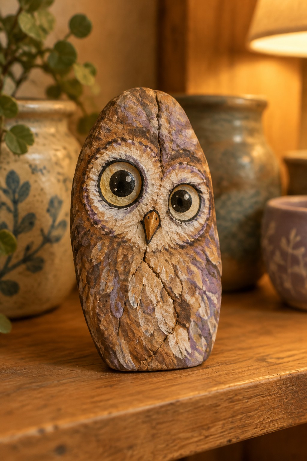 A painted rock shaped like an owl with large eyes and layered feather patterns rests on a wooden surface.
