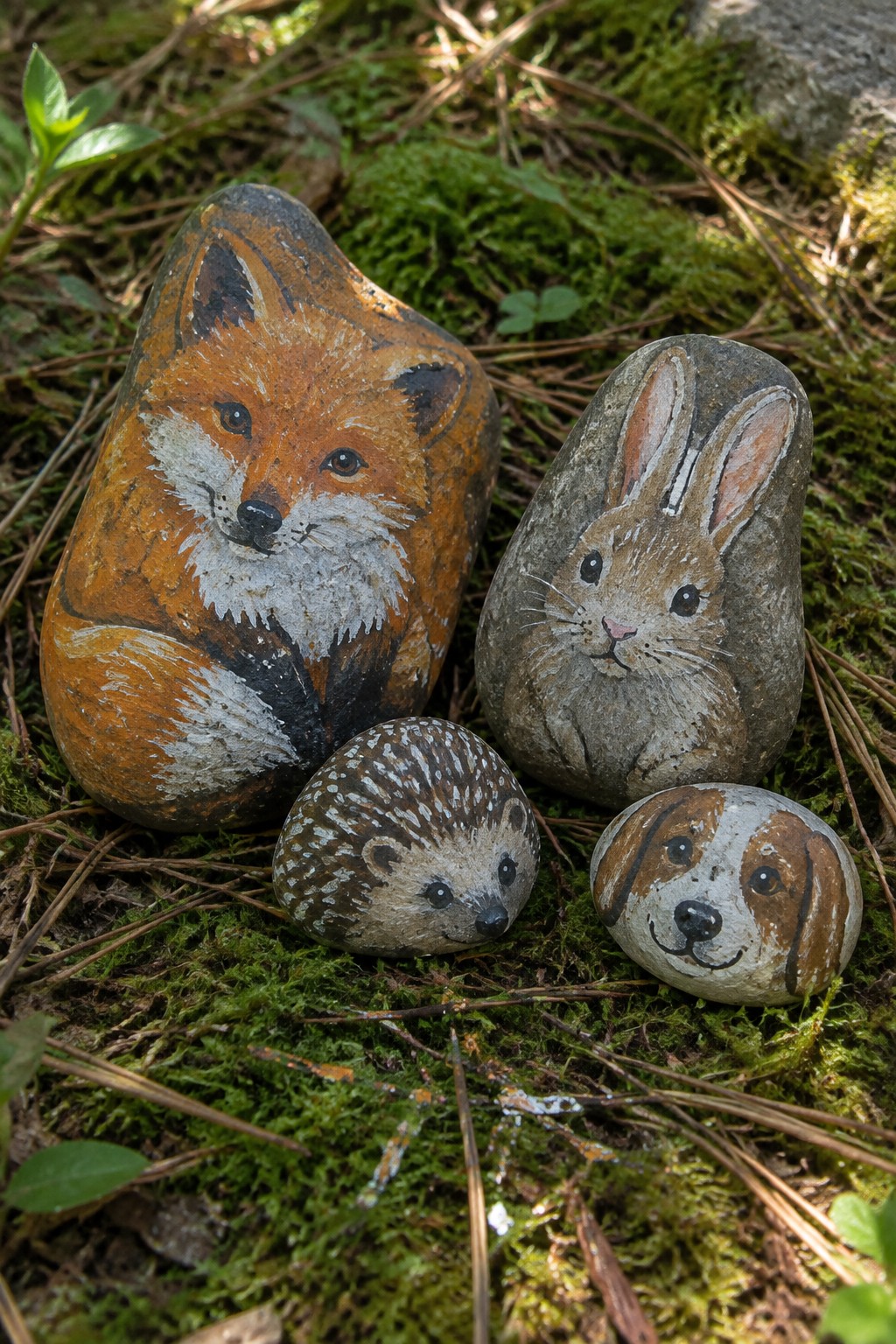 Four painted rocks depicting fox, rabbit, hedgehog, and dog on mossy ground