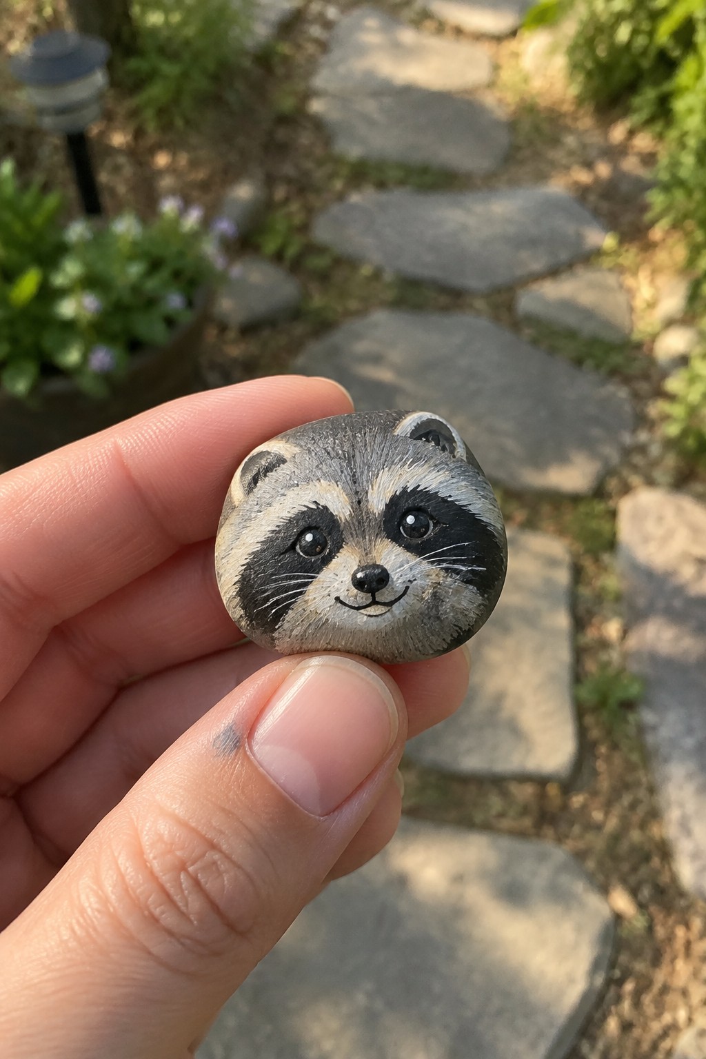 Hand holding small rock painted as raccoon face with whiskers and eyes