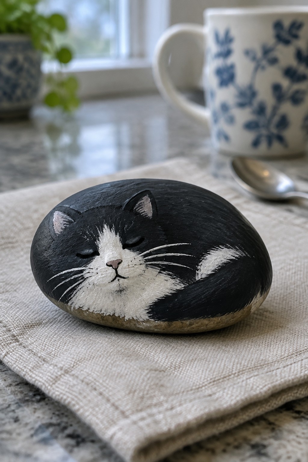 Painted black-and-white sleeping cat rock on beige cloth napkin near floral mug