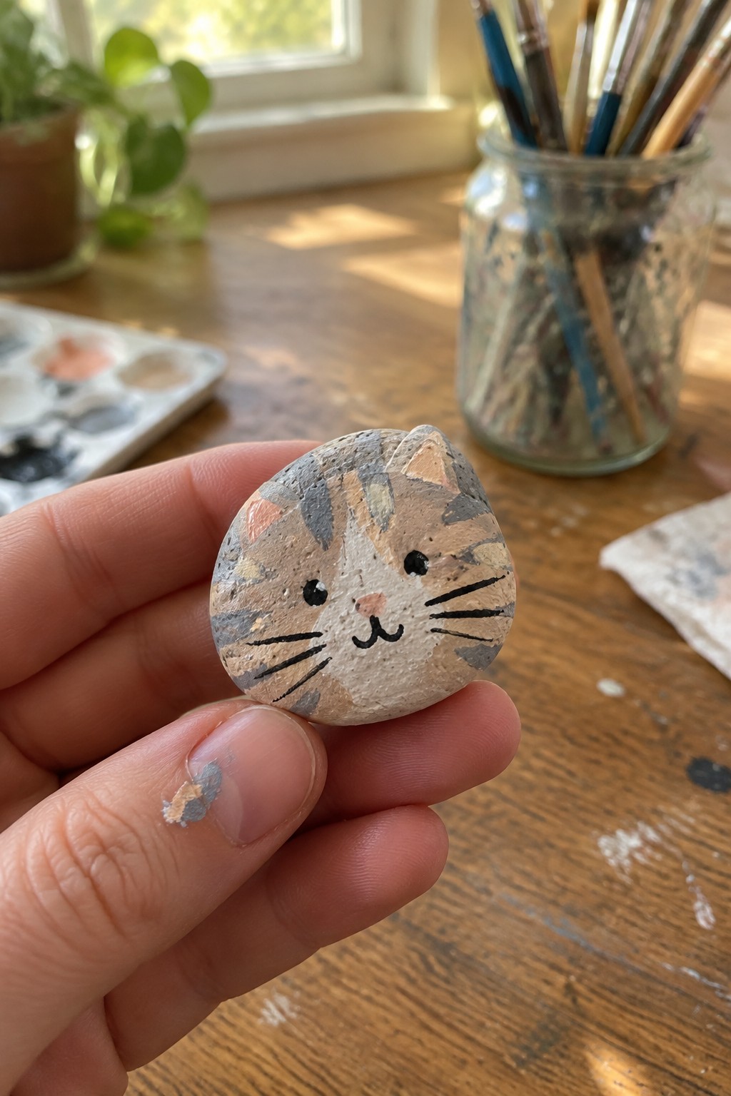 Hand holding pebble painted as tabby cat with black whiskers and stripes