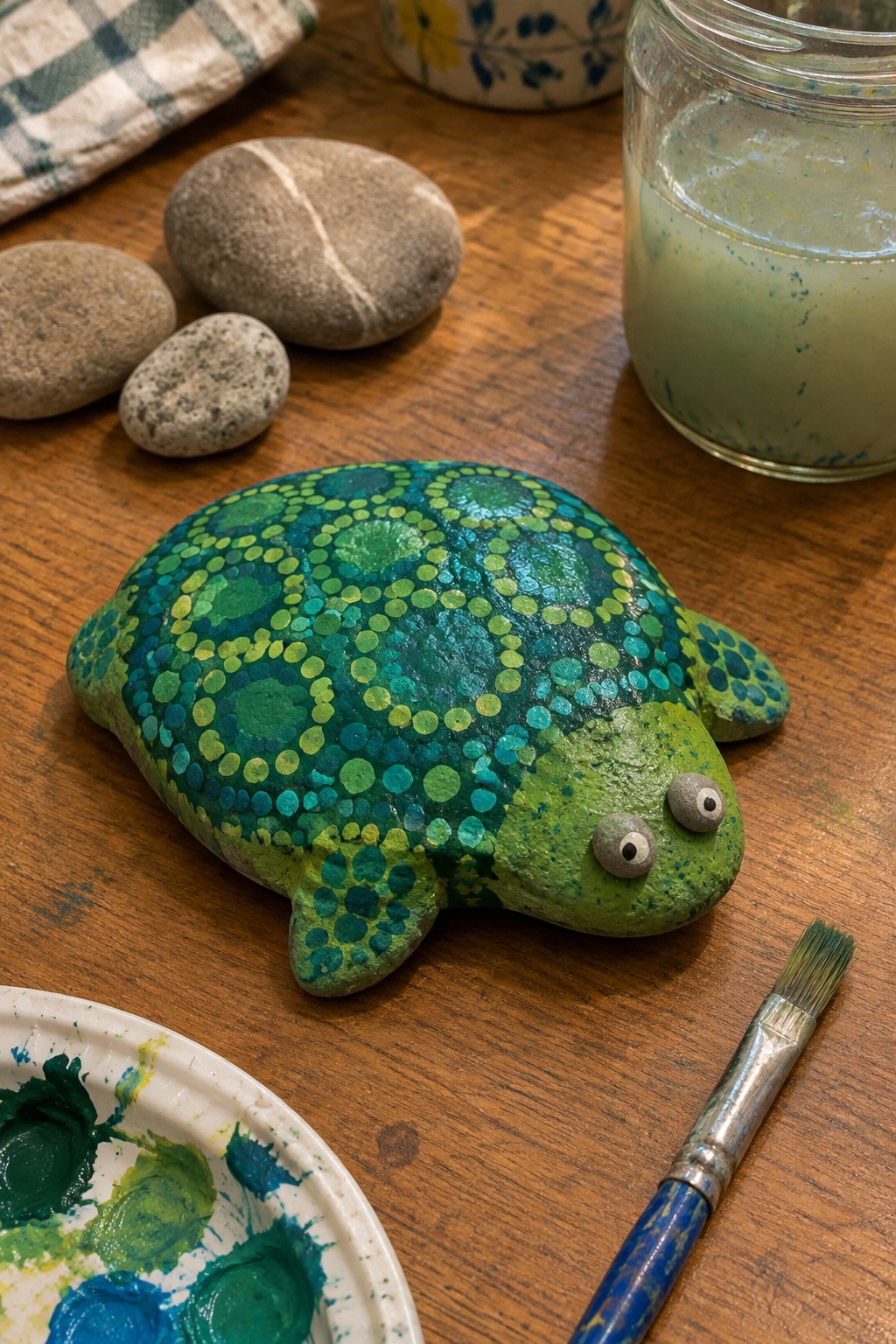 Painted green turtle rock with blue dotted shell amid paint supplies on wood