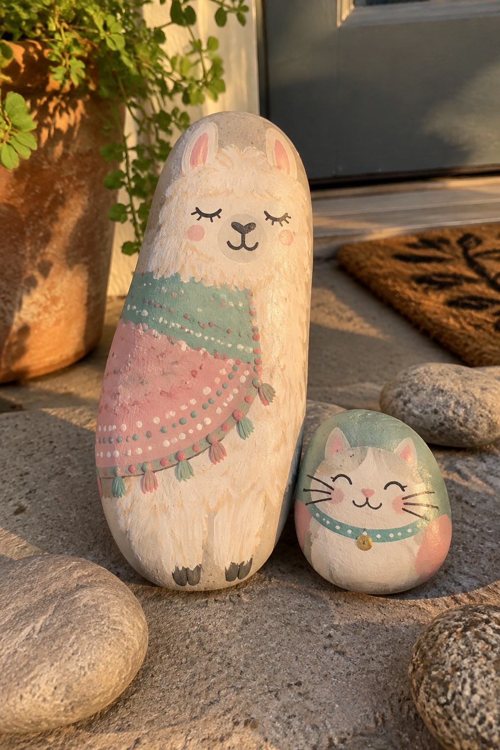 Hand-painted rocks of a llama with pink-green blanket beside a collared cat.