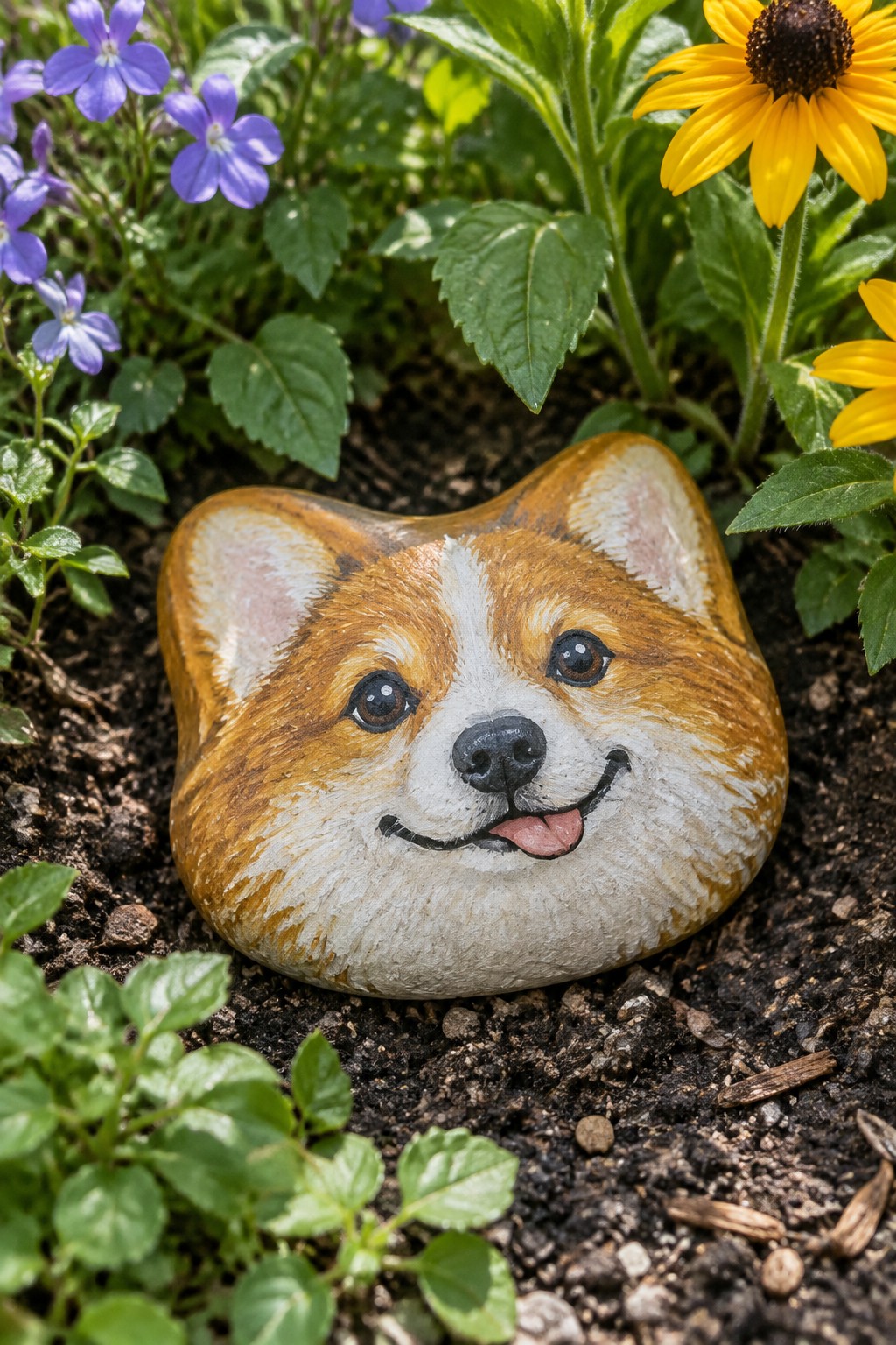 Painted rock shaped like a happy corgi face amid garden soil and flowers