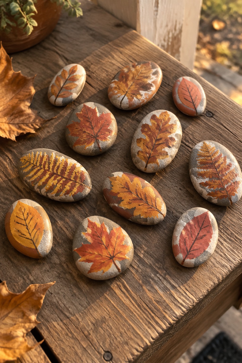 Painted rocks with autumn leaf designs arranged on rustic wooden table