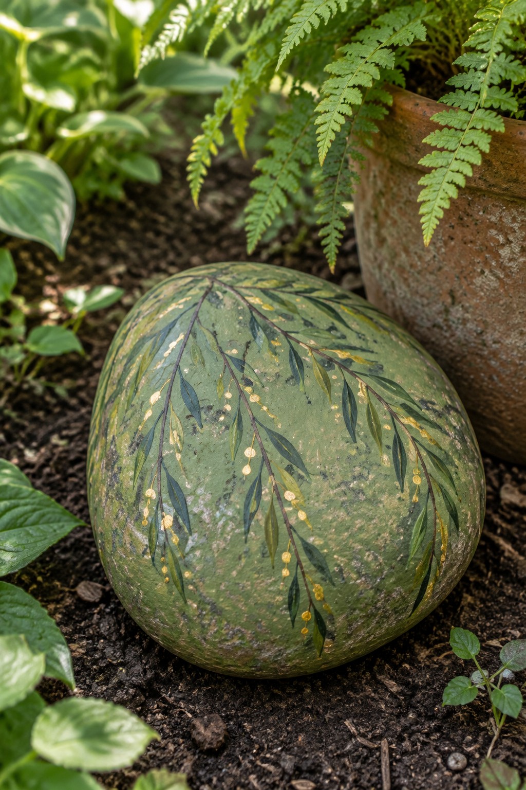 Green painted rock with leafy branches and yellow dots in garden soil