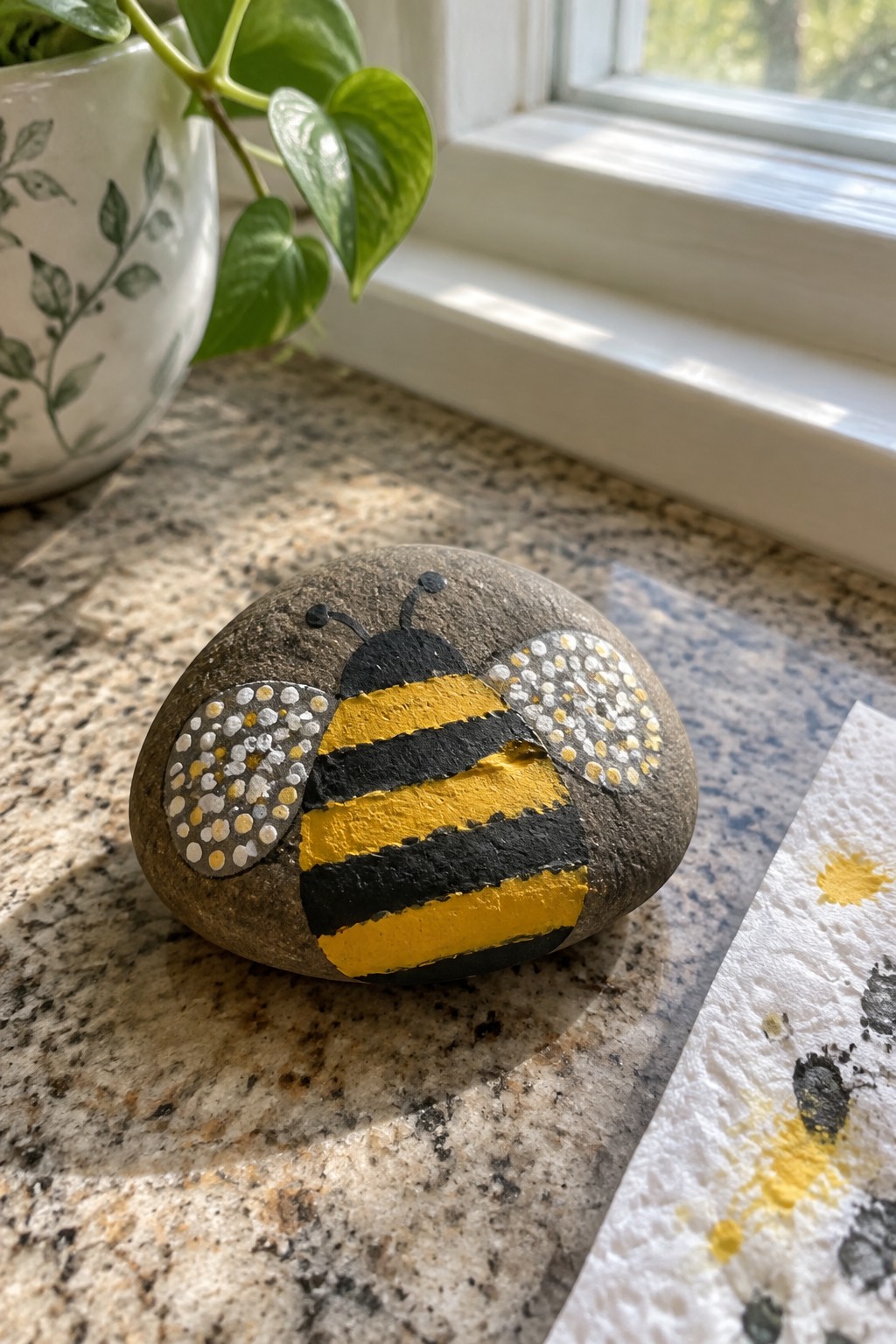 Painted rock bumblebee with yellow black stripes and dotted wings on granite counter