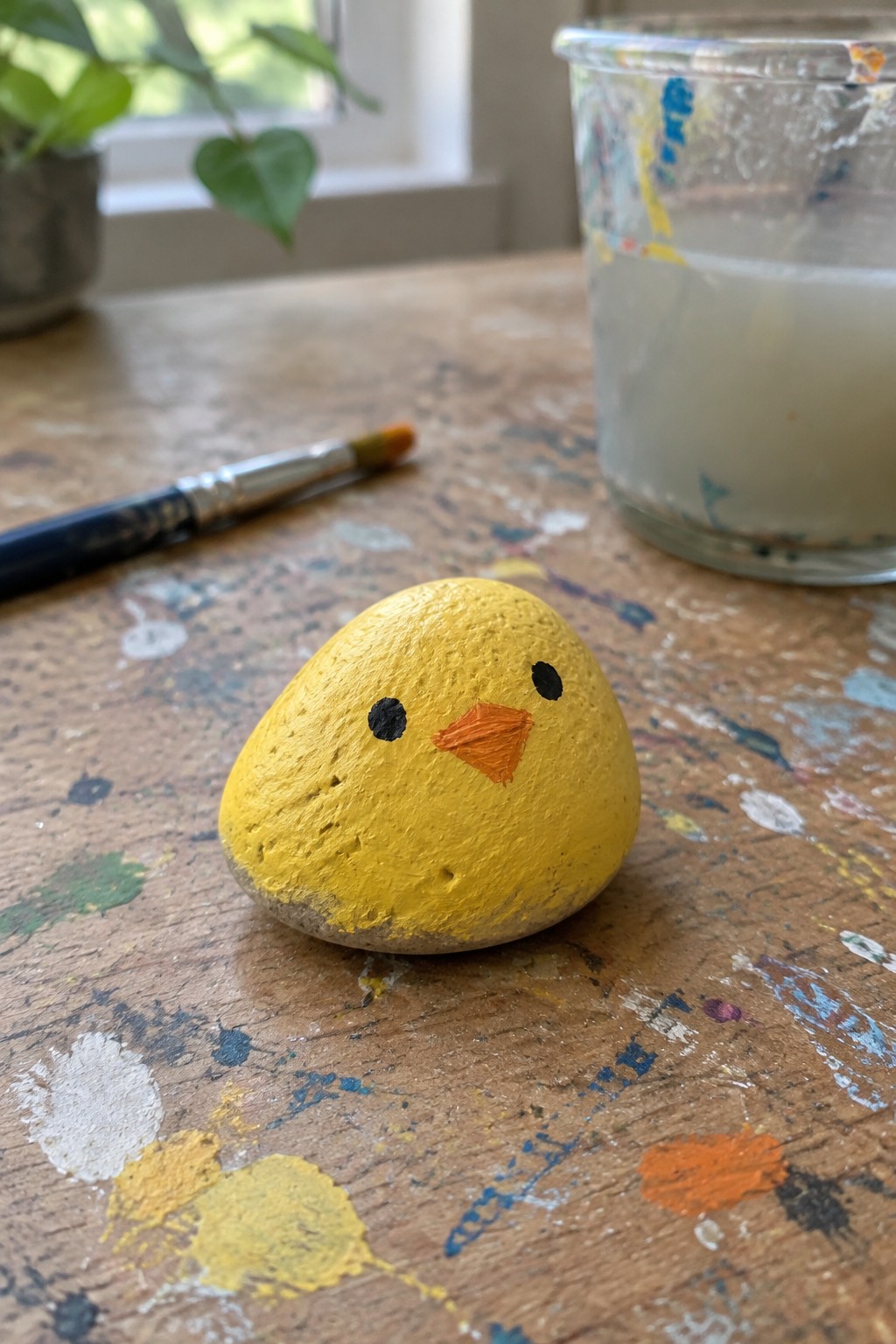 Yellow painted rock chick with orange beak on paint-splattered wooden table